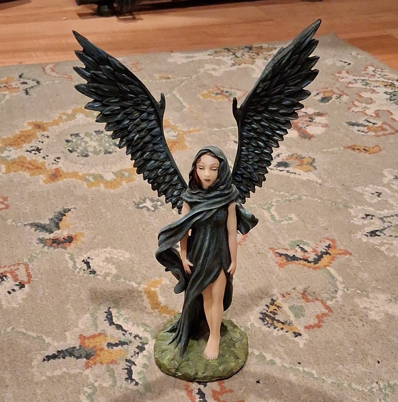 Black Winged Hooded Angel Figurine, Painted Textured Resin, Green Base