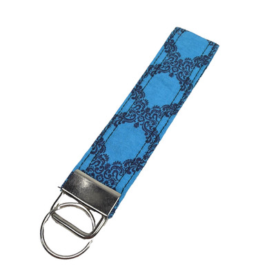 Fabric Key Chain Blue Print Key Fob Handmade Keychain Wristlet NEW