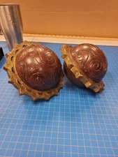 Pair Wood Sphere Orbs Decorative Accent Balls Gold Trim 5" Diameter Carved