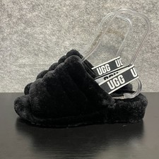 UGG Fluff Yeah Slide Womens 9 Black Shearling Slingback Slippers Strap Cozy Warm