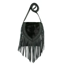 American West Womens Fringed Cowgirl 7in Black Hair-On Leather Crossbody Bag OS