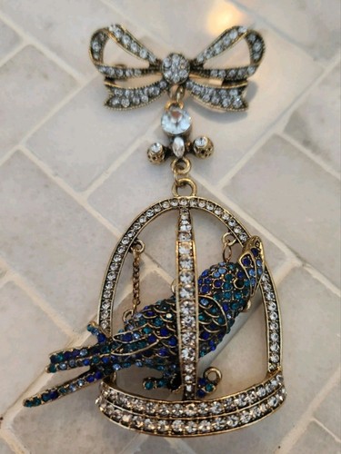 Heidi Daus Inspired Blue Bird In Cage Brooch