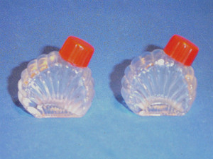 SALT & PEPPER ANTIQUE chickens? GLASS with RED TOPS  1 1/2" tall EXCELLENT