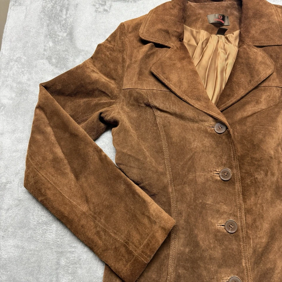 Chaqueta Blazer Mujer Danier Gamuza Cuero XS Marrón Vaquera Y2K Bolsillos De Colección Foto 3 de 4