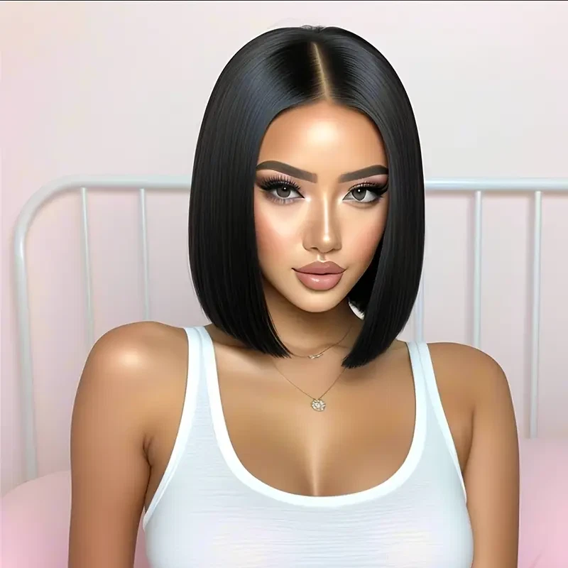 Peluca Bob Recta Corta Negra Natural Fibra Sintética Uso Diario Peluca Juegos con disfraces Foto 2 de 4