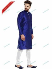 Indian Blue Color Ethnic Dress Mens Kurta Cotton Wear Shirt Uni