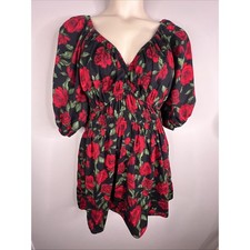 Old Navy Rose Dress Milkmaid Babydoll Puff Sleeve XL Dark Romantic Coquette
