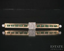 14k Yellow & White Gold Natural Emerald & Diamond Bar Pin Brooch 9.7g i20160