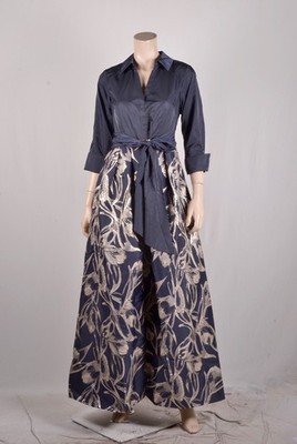 adrianna papell collared shirt dress gown with jacquard floral skirt NWT $229 Adrianna Papell Navy/gold Collared Shirt Gown Jacquard Floral  Skirt 2