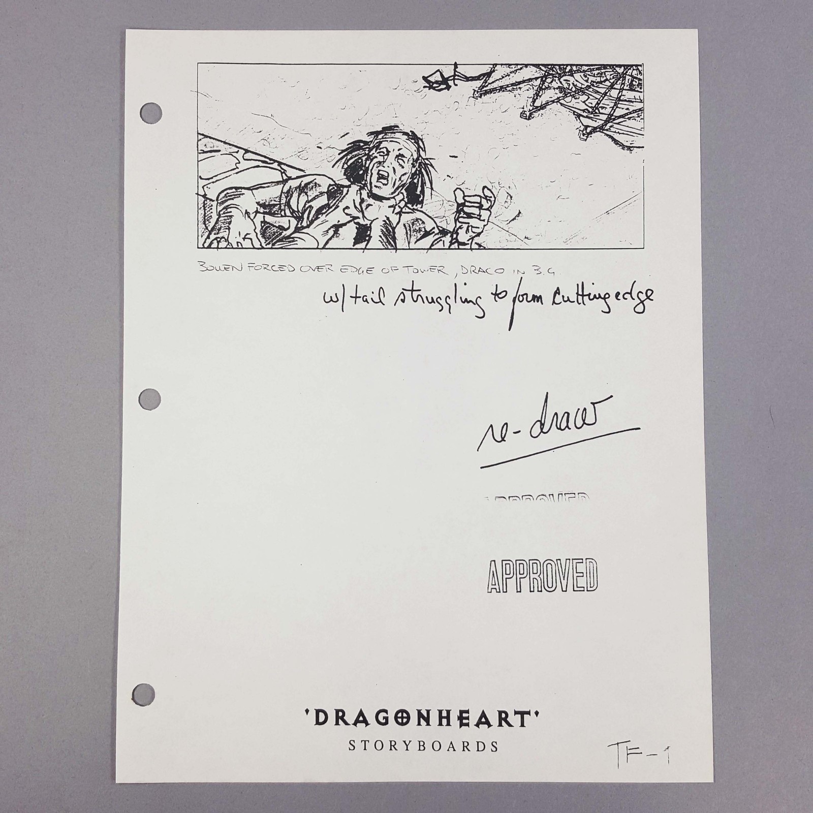 Dragonheart Production Used Storyboard Bowen Forced Over Tower Edge, COA