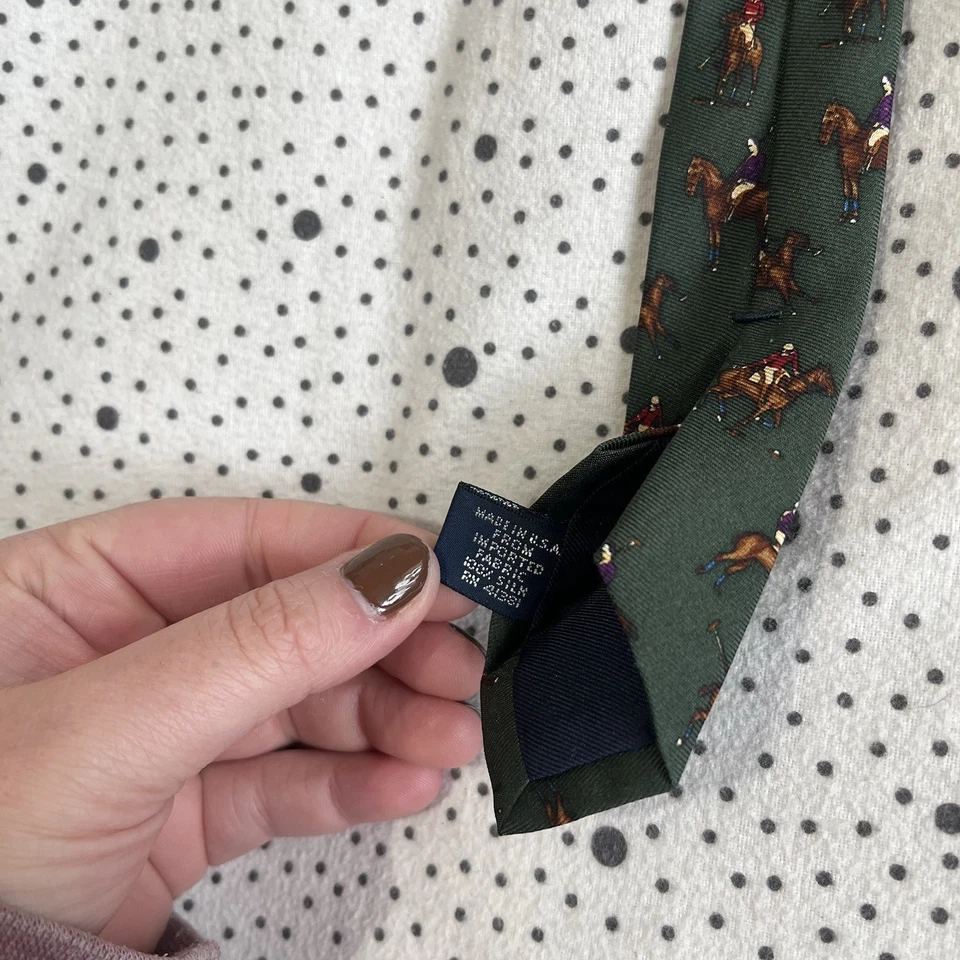 Polo Ralph Lauren de Colección Años 90 Corbata Cuello Para Hombre Verde Seda Caballo Polo AOP No. 001 Foto 3 de 4