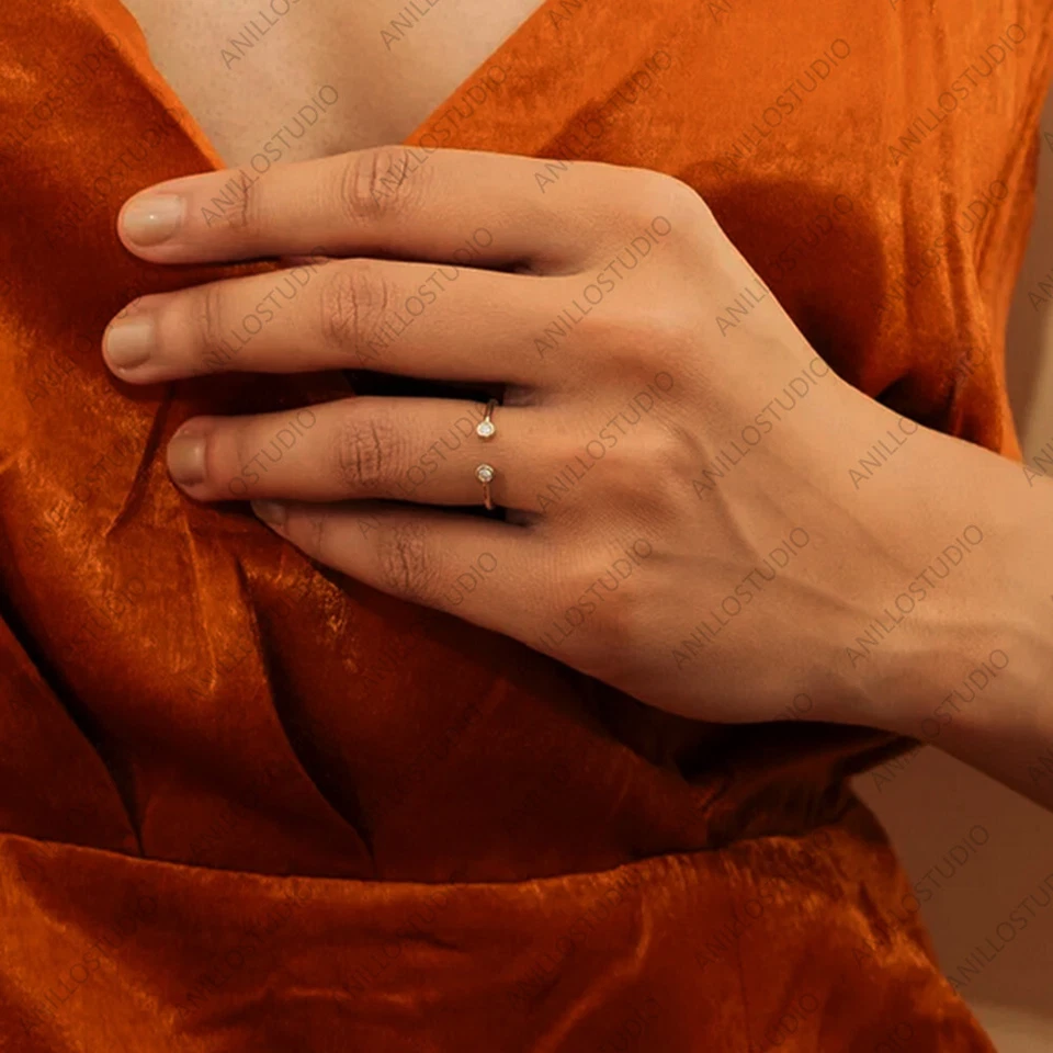 Dois anéis de noivado de diamante natural empilhamento de punho aberto ouro amarelo 14k - Imagem 2 de 4