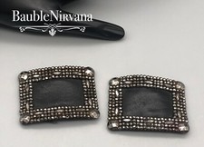 Antique French Steel Cut Rectangle Shoe Buckles Black Leather Backing