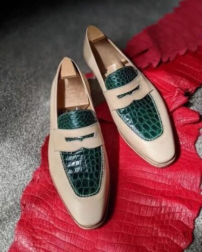 New Handmade Shoes Two Tone crocodile Leather Loafers slip on Dress penny Shoes - Picture 3 of 10