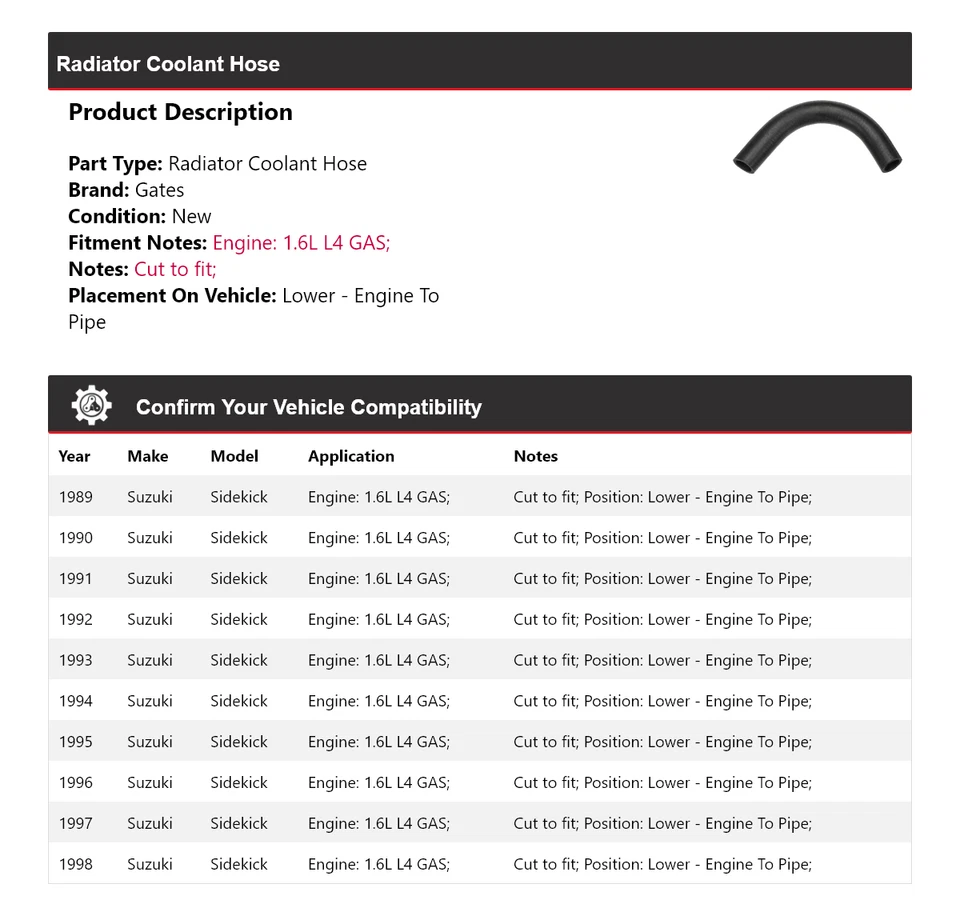 Manguera de refrigerante de radiador inferior para Suzuki Sidekick 1989-1998 - puertas de motor a tubería Foto 2 de 4