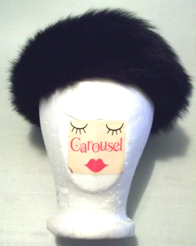 MINT Vintage Black 21" MARY CORENE New York FOX FUR? Satin Lined Pillbox HAT - Image 3 of 4