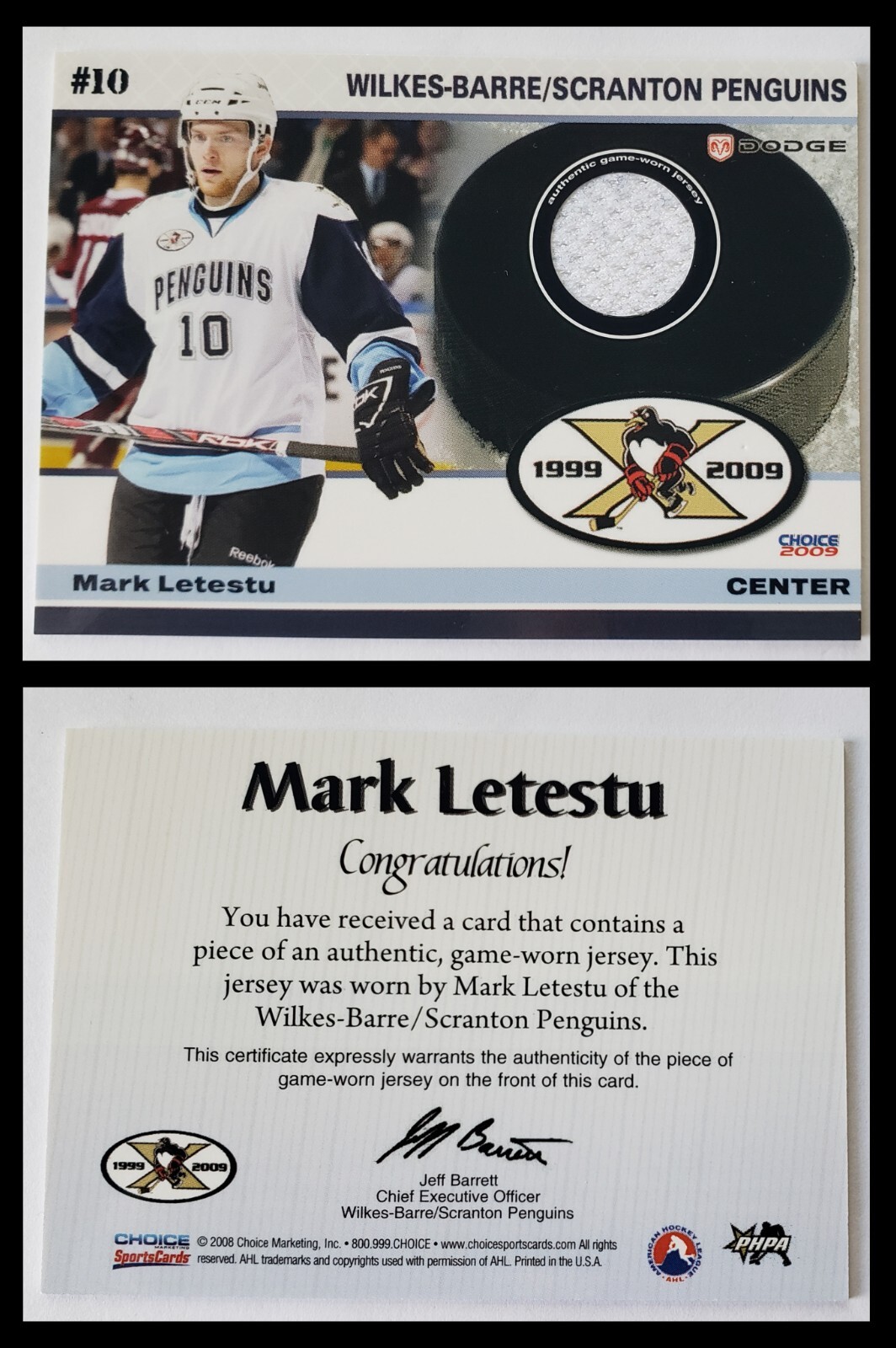 2008 MARK LETESTU #10 Hockey Card GAME JERSEY Wilkes-Barre/Scranton Penguins AHL