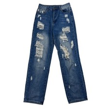 SHEIN Wide Leg Denim Blue Jeans Medium Wash High Rise Distressed Sz XS 27" Waist