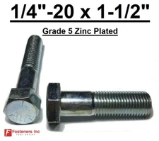 1/4-20 x 1-1/2" (PT) Hex Bolt Zinc Plated Grade 5 Cap Screw Coarse Thread