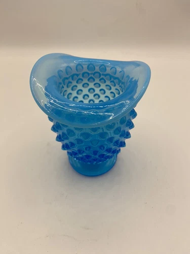 Vintage 1940s Fenton Aqua Blue Hobnail Bud Vase Hat Shape Opalescent