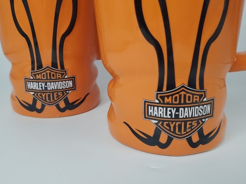 Harley Davidson Orange & Black Raised Logo Tall 16 oz Coffee Beer Mug Set of 2 - Picture 2 of 8
