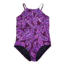 Lands End Womens Sz 16 Swimsuit One-Piece Purple Paisley High-Neck Keyhole
