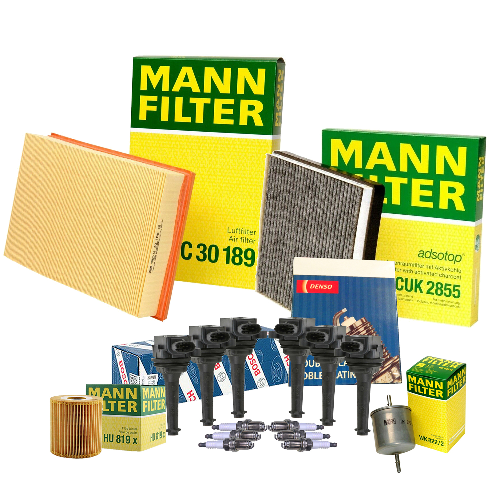 Mann Filters Bosch 6 Coil Denso 6 Double Platinum Spark Plugs TuneUp Kit For S80
