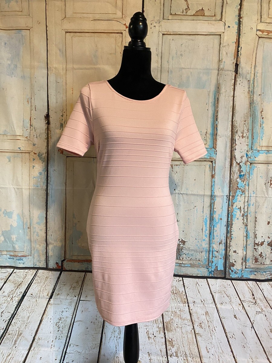 Belinda Women Light Pink Bodycon Stretch Dress Short Sleeves Back Neckline Small