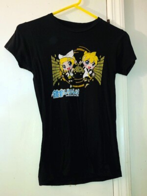 Vocaloid Chibi Len & Ren Kagamine SD Women Juniors Small (S) Black T-Shirt RARE
