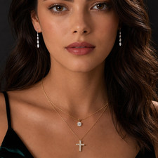 14K Yellow Gold Lab-Grown Diamond Cross Pendant Necklace, 18"- EcLian