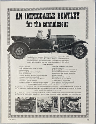 1928 Bentley Four-Seater ''Subscriber Ad offering Car for $7500'' Print Ad 1962