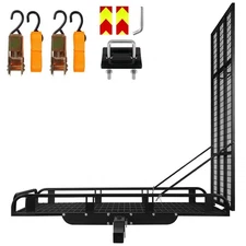 500 lb Folding Trailer Hitch Mount Cargo Basket w/ Ramp Luggage Rack for Camping