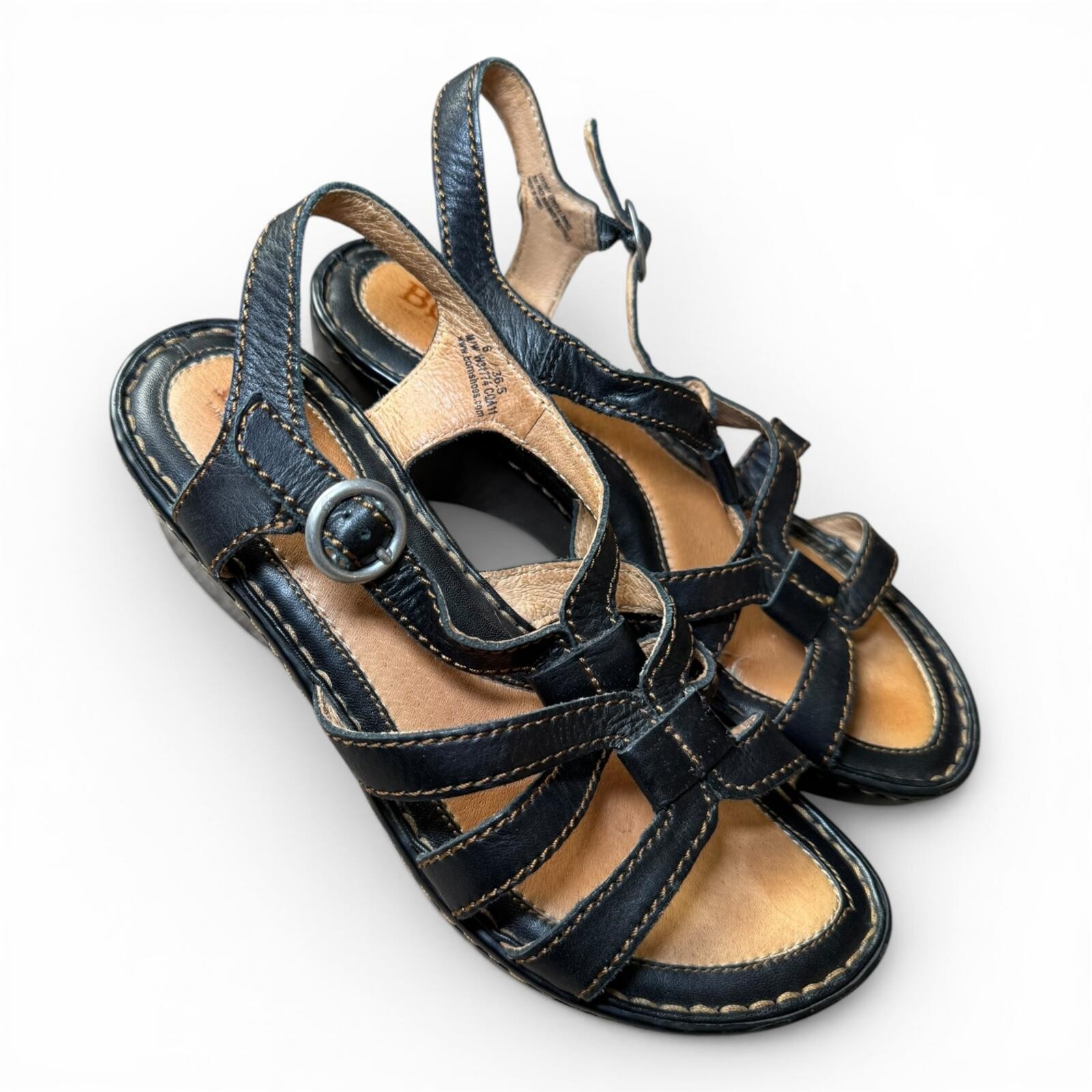 Born Wedges Strappy Ankle Black Leather Sandal's Women's Size 6 Block Shoes GC-image