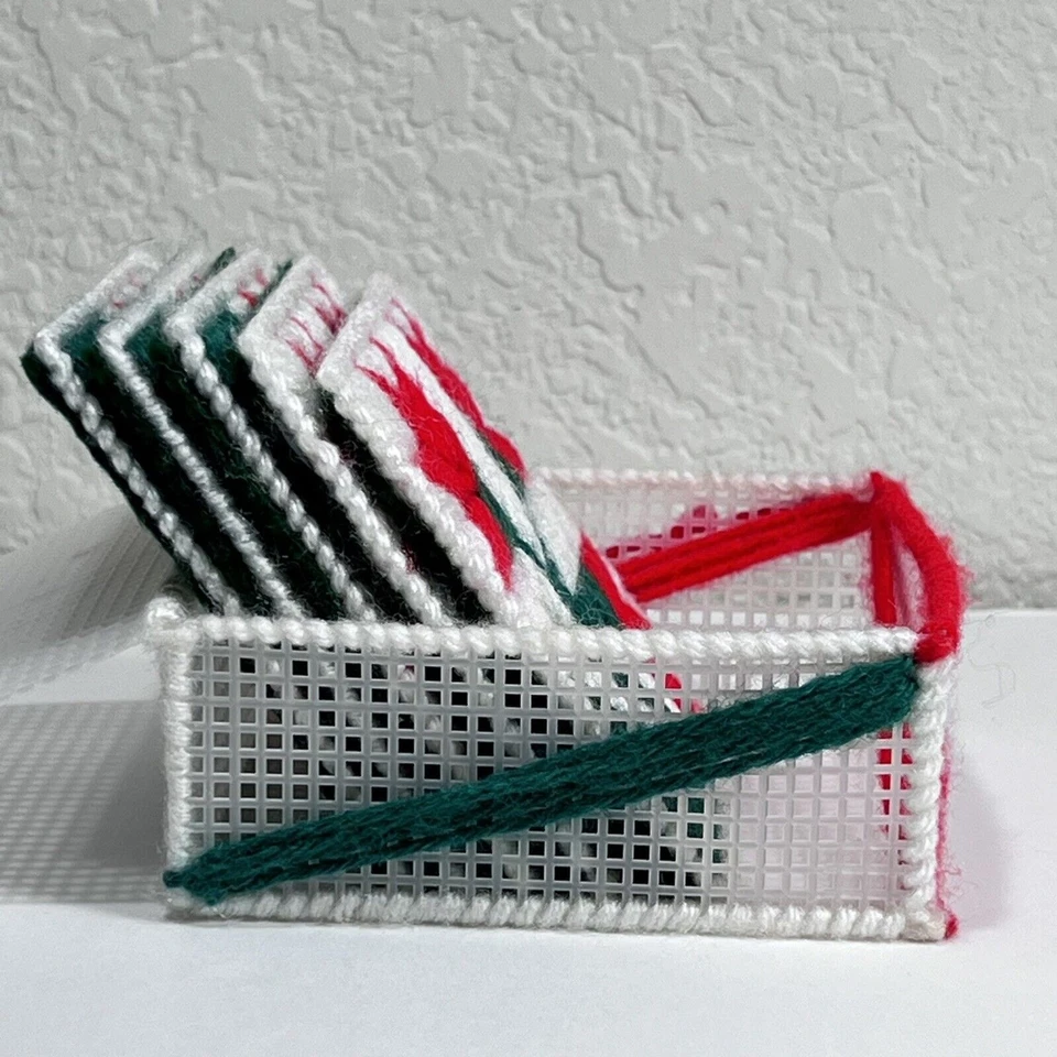 Vintage Set of 5 Handmade Plastic Canvas Needlepoint Christmas Coasters w/Basket - Image 4 of 4
