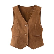 Retro Suede Vest for Women Casual Sleeveless Waistcoat for Lady V-Neck Vest