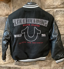 True Religion Boys Medium 8 Varsity Jacket Black Red Logo NWT