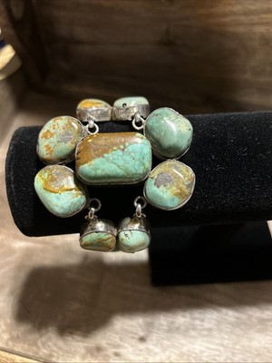 Vintage Sterling Silver Turquoise Statement Link Bracelet 87g Royston Green 8 