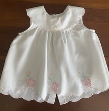 Vintage Handmade Baby Girl Dress 6-12 M White Pink Flowers Buttons Down Back