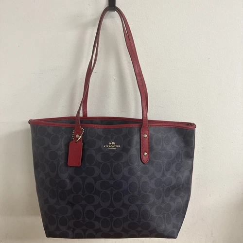 Borsa Coach Zip Top Firmata Rivestita Tela Navy Rosso Oro Media 13x10 IMPECCABILE