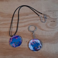 Handmade Misdreavus Necklace Keychain Set Round Resin Card Jewelry Set