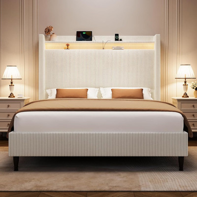 Elegant Queen Bed Frame with LED Lights & Charging Station, No Box Spring Needed