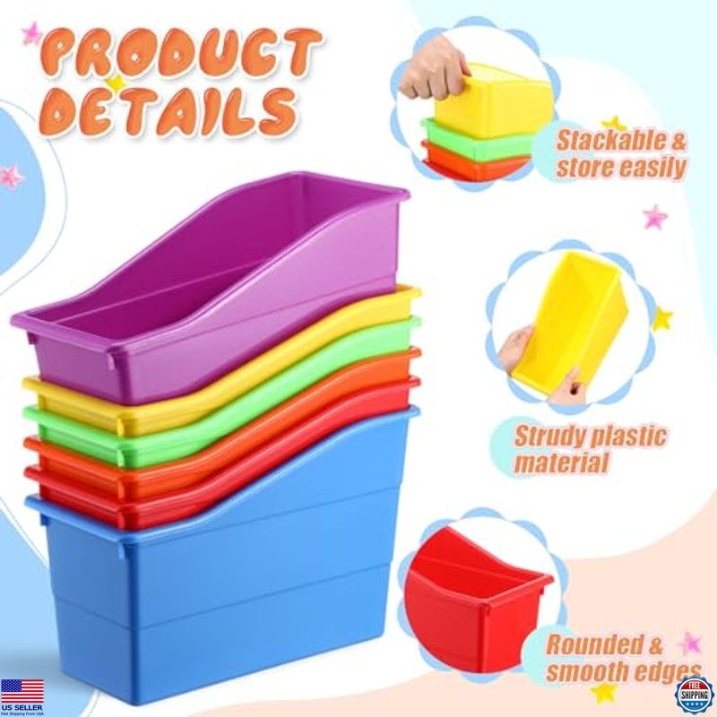 Vibrant 6-Pack Plastic Book Bins - Vertical Organizer Baskets for Classroom Use