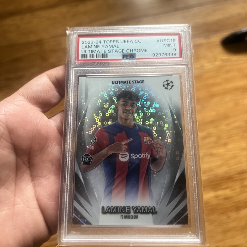 2023-24 TOPPS UEFA CLUB COMPETITIONS ULTIMATE STAGE CHROME LAMINE YAMAL RC PSA 9