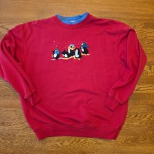 Vintage Red Penguin Embroidered Sweatshirt Grandma Winter Holiday Pullover