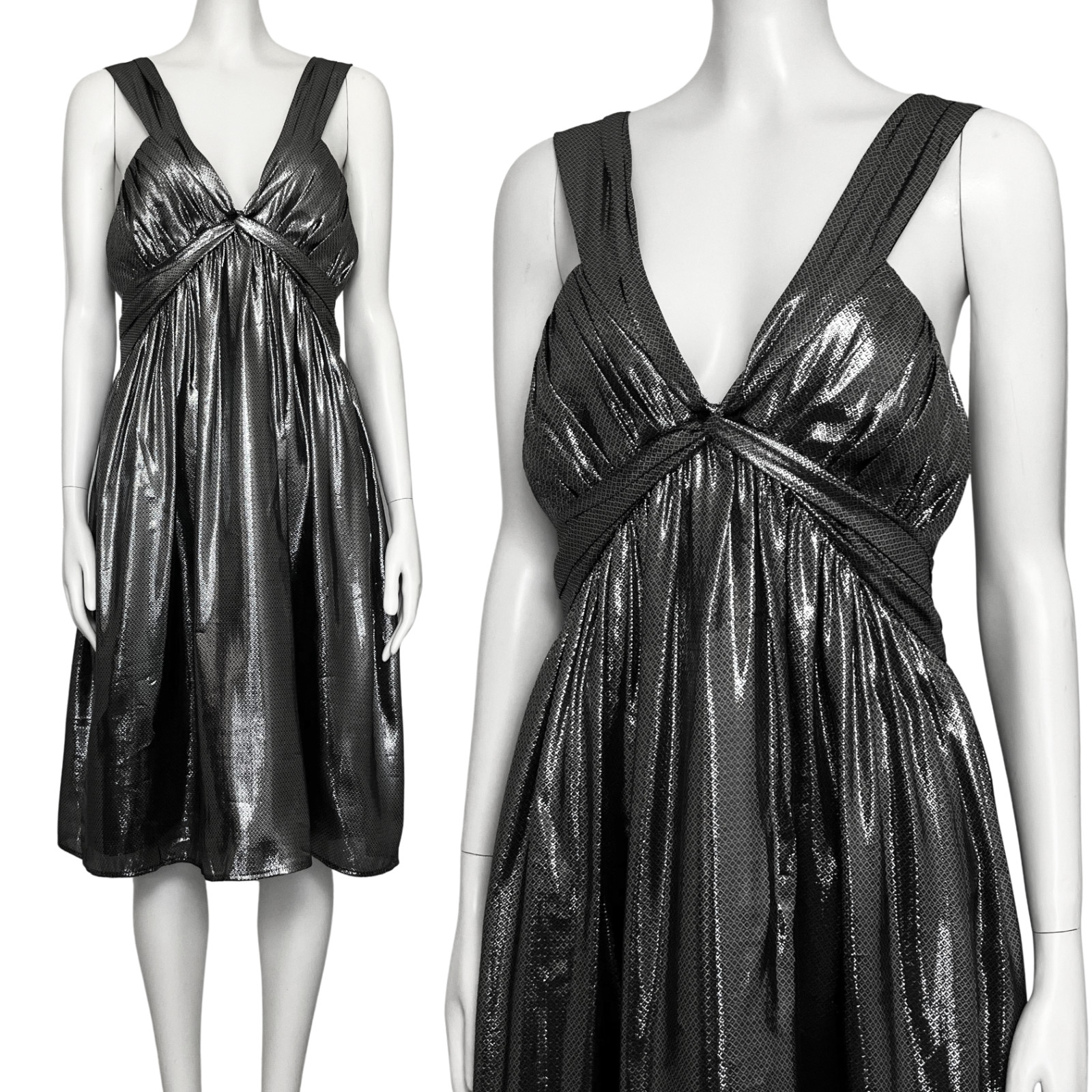 Calvin Klein Silk Blend Gunmetal Metallic Party Dress. L/XL Babydoll Cocktail