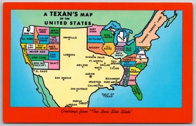 A Texan's Humorous Map of USA Postcard - John Hinde Curteich Texas Souvenir
