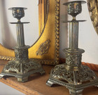 Antique Ornate Brass Candlestick Holders Cherubs Baroque Victorian Mantle 8”