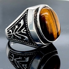 925 Silver Natural Tiger Eye Man Handmade Ring, Brown Tiger Eye Ring