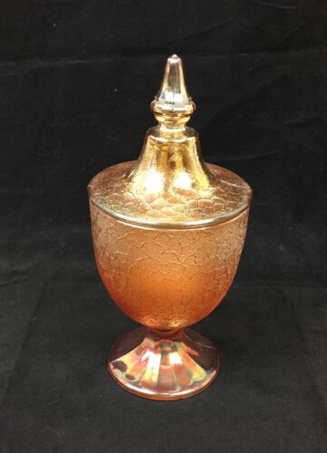 Vintage Imperial Crackle Marigold Carnival Glass Covered Footed Candy Dish  - Picture 1 of 7