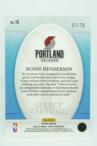 2023-24 Select Certified Scoot Henderson #19 Rookie Purple Cracked Ice 27/75 - Picture 2 of 2